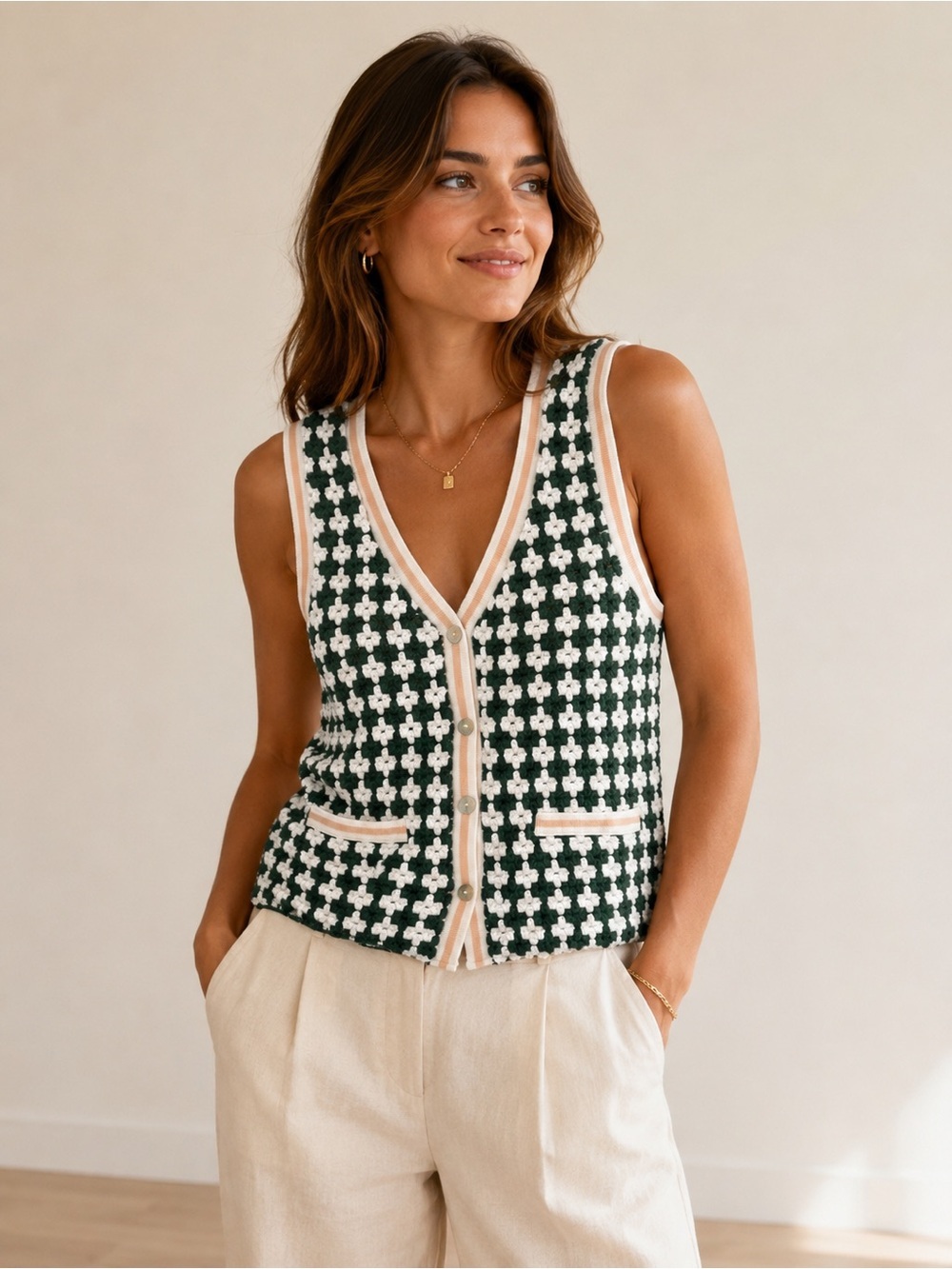 The Upside Portobello Watson Crochet Cotton Vest | Green & White | Size Medium